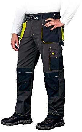 Leber & Hollman Herren Arbeitshose LH-FMN-T B, 65% Polyester 35% Baumwolle 270 g/m2, Bundhose mit Taschen für Knieschoner, 9 Multifunktionstaschen+ Schlaufe und Schlüsselhaken, Grau-Schwarz-Gelb, 58