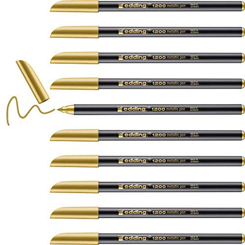edding 1200 metallic Fasermaler - gold - 10 Stifte - Rundspitze 1-3 mm - zum Malen, Schreiben und Zeichnen mit glänzendem Metalliceffekt - für Gästebücher, Grußkarten, Fotoalben, Scrapbook