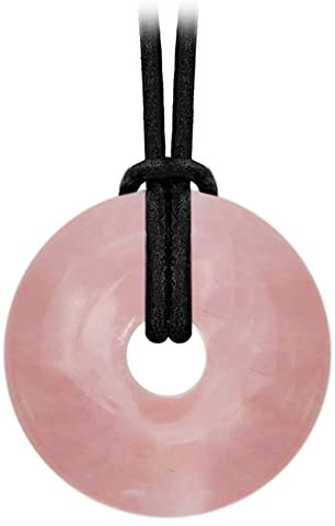 Kaltner Präsente Edelstein Halskette mit Anhänger/Rosenquarz/Lederband mit Donut Anhänger/Hochwertiger Edelsteinanhänger mit Lederkette/Ø Edelsteindonut 30 mm