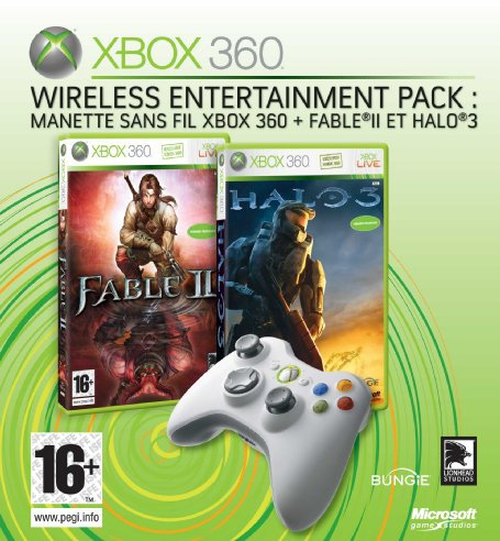 Manette Xbox 360 sans fil + Fable 2 et Halo 3