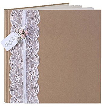 Gästebuch Vintage, in Braun, mit Band, Röschen in Rosa und silbernem Herz, 20 x 20 cm, 22 Seiten