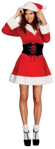 Smiffys Fever Hooded Santa Costume for Women, Red & White Christmas Fancy Dress with Plush Hooded Dress, Attached Underskirt & Belt – Festive Party Outfit for Adults Small