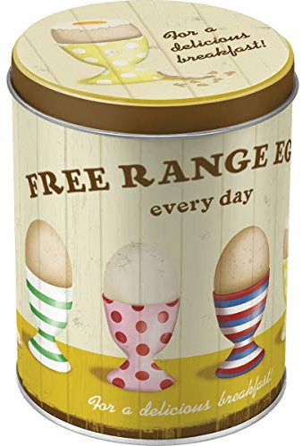 Nostalgic-Art Retro Vorratsdose Rund, Free Range Eggs Geschenk-Idee für die Küche, Blech-Dose mit Deckel, Vintage-Design, 1 l Mehrfarbig