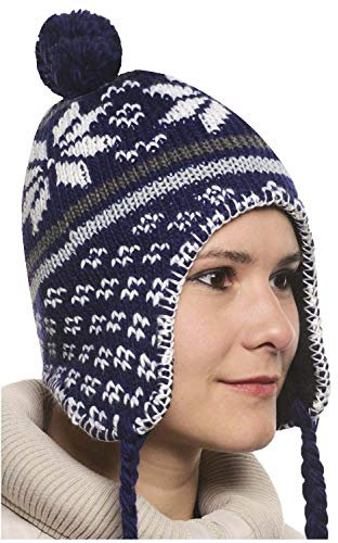 MAROK-INERIE Bonnet Péruvien Chullo ch'ullu avec Pompon Mixte Homme/Femme 7 Couleurs au Choix (Bleu Foncé)