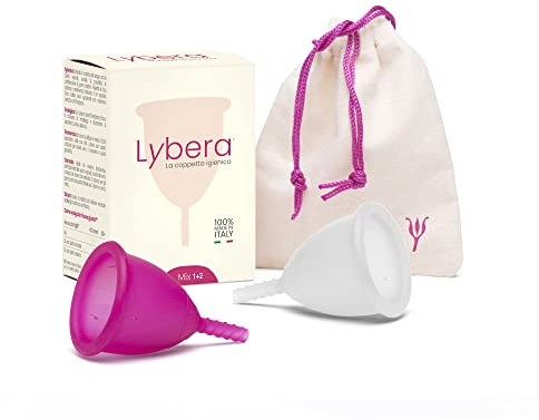 Lybera - Kit 2 Coppette Mestruali Made in Italy, Coppetta Mestruale Morbida, Sicura, in Silicone Medicale, Ecologica, Comoda, Taglia 1 e Taglia 2, 2 Pezzi, Trasparente e Fucsia