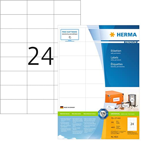 HERMA 4615 Adressetiketten, 200 Blatt, 70 x 37 mm, 24 pro A4 Bogen, 4800 Stück, selbstklebend, bedruckbar, matt, blanko Papier Adressaufkleber Etiketten, weiß
