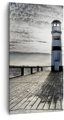 Bilder auf Leinwand 55x100cm Leinwandbild mit Rahmen See Leuchtturm Holzbrücke Wasser Groß Wanddeko Bild Schlafzimmer Deko Wandbilder Dekoration Wohnzimmer Canvas Wand Kunstdruck Art PA55x100-0330