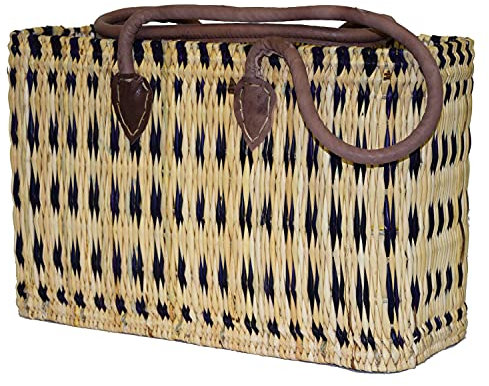 Einkaufskorb aus Seegras I geflochtene Tasche mit Ledergriff I mittlere Größe mit langem Griff I blau I Abmessungen: 40x15x26 cm