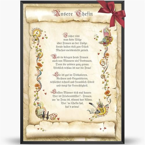 Die Staffelei Glückwunschkarte Chefin Urkunde A4 / Witziges Gedicht auf hochwertigem Papier/besondere Geschenkidee für die Chefin