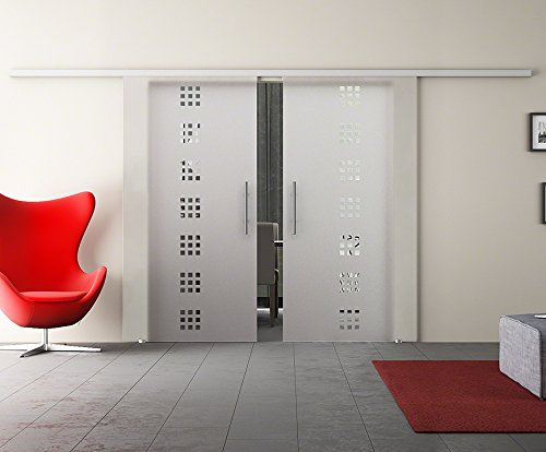 Glasschiebetür doppelt mit zwei Scheiben Schiebetür-Anlage komplett mit Laufschiene & Stangengriffen & Design: Quadrat (Q) - Dorma Agile 50 Beschlag - Made in Germany 2x 1025x2050 mm = 2050x2050 mm, sehr hochwertig mit Kugellagern vom Weltmarktführer aus Deutschland DORMA ®