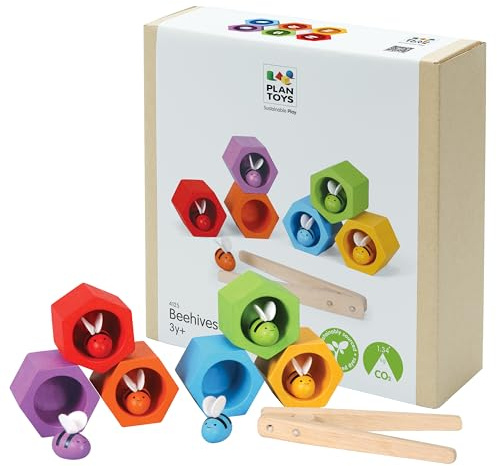 PlanToys® Wooden Beehive Color Sorting Toy for Toddlers | Montessori Fine Motor Skill Playset with Bees, Hives & Tweezers | STEM Learning Toy for Kids Ages 3+