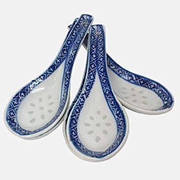 Chino Oriental Porcelana conjunto de seis Cucharas Arroz Patrón y Azul Diseño MA