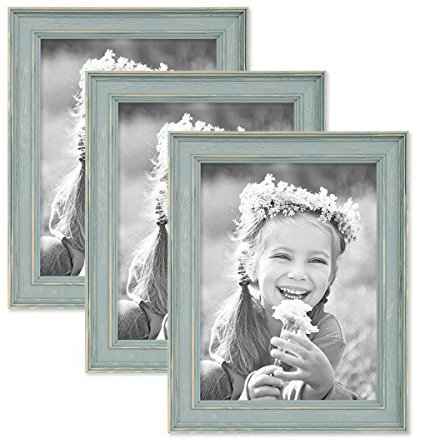 3er Set Bilderrahmen Skandinavischer Landhaus-Stil Petrol/Taubenblau 15x20 cm Massivholz mit Shabby-Chic Note/Fotorahmen/Wechselrahmen