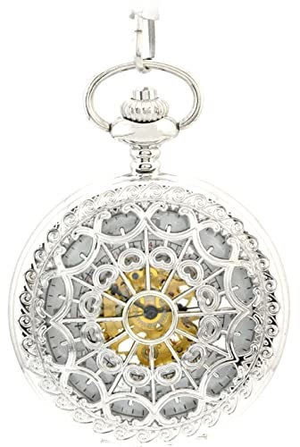 Infinite U Mechanische Taschenuhr für Herren und Damen, Spinnennetz, Skelett, hohl, Stahl, Taschenuhr, mechanisches Uhrwerk, silberfarben, elegant, Silber, Elegant