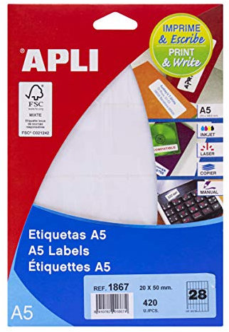 APLI 1867 - Etiketten A5, weiß, 20,0 x 50,0 mm, 15 Blatt