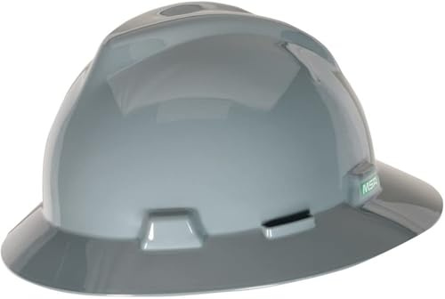 MSA 10019548 V-Gard Full-Brim Hard Hat with Fas-Trac III Ratchet Suspension | Polyethylene Shell, Superior Impact Protection, Self Adjusting Crown Straps - Standard Size in Silver