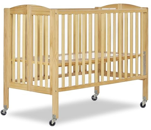 Dream On Me Folding Full-Size Convenience Baby Crib in Natural, GreenGuard Gold & BSA, Portable, Patented Quick Folding System, Strong Wheels, 2 Adjustable Mattress Heights