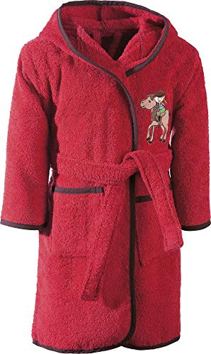 Erwin Müller Kinder-Bademantel mit Kapuze Frottier Stickerei Pferd rot Größe 86/92 - weich, hautfreundlich, mit Taschen und Bindegürtel