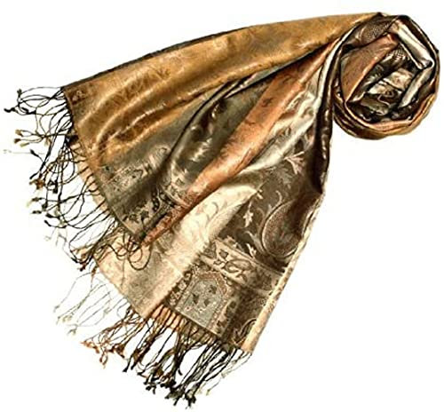 Lorenzo Cana Pashmina Damenschal Schaltuch jacquard gewebt aus 100% Seide 70 x 190 cm Paisleymuster Seidenschal Seidentuch harmonische Braun Gold Farben 78080