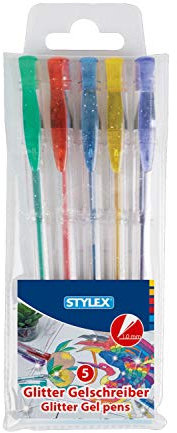 Stylex 43833 - Gelschreiber, 5 Gelstifte im Set, sortiert in 5 Glitterfarben, Strichstärke 1 mm, zum Schreiben, Malen und Verzieren