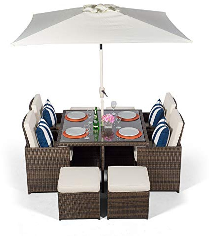 Giardino Rattan Cube Garden Dining Set Outdoor Furniture Patio Table & Chairs with 4 Stools, Parasol & Cover, 120 x 120 cm, 4-8 Seater, Brown