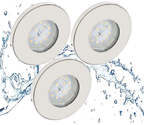 Trango 3er Set IP44 Einbaustrahler 6729IP-032-5WAK Edelstahl gebürstet inkl. 3x 5 Watt GU10 LED Leuchtmittel 3000K warmweiß & Fassung für Bad, Außen, Dusche Einbauleuchte, Badleuchte, Deckenstrahler
