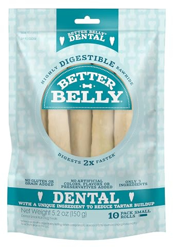Better Belly Highly Digestible Rawhide Dental Chews, Treat Your Dog to a Chew with NO Artificial Colors or Flavors, 10 Count