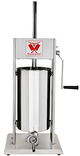Beeketal 'BT015' Edelstahl Industrie Wurstfüllmaschine (15 L Volumen) Profi Wurstfüller mit 2 Gang Vollmetall-Getriebe und 90° Aluguss Handkurbel, inkl. 5 Fülltüllen (10, 16, 22, 32 und 38 mm Ø)