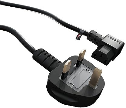 rhinocables IEC C13 Extension Cord Power Cable Lead with UK Pin Plug, Single Socket for Monitor, Kettle, PC, Computer Mains Power Supply, Black (2m Right Angle)