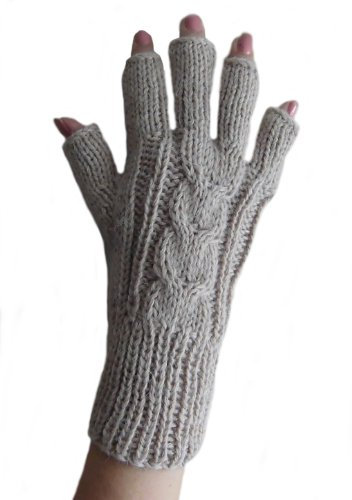 Alpacaandmore Fingerfreie Gestrickte Damen Handschuhe Alpakawolle Arbeitshandschuhe (Beige)