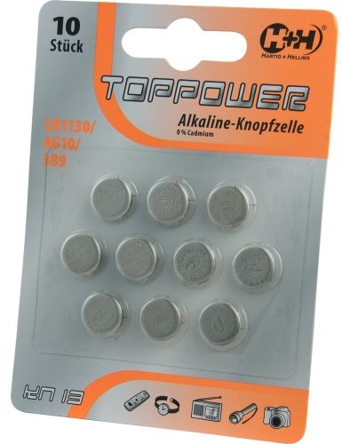 Top Power - Blister de 10 Piles Boutons Alcalines LR1130 - AG10 - 389 - 1,5 V