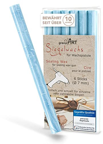gravurART Siegelwachs flexibel für Wachspistole - Stilvoll Briefe versiegeln mit dem 6er Pack Wachs für Siegelstempel in Hellblau-perlmutt - 7 mm