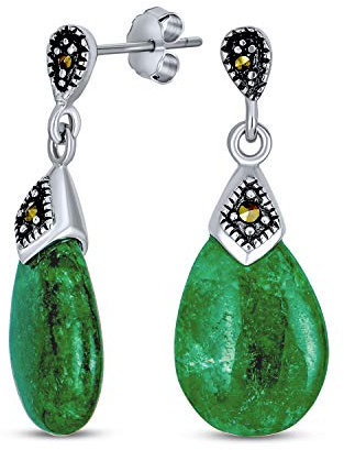 Boho Bali Markasit Akzent Birnenförmige Edelstein-Kronleuchter baumelnde Tropfen Ohrringe aus echtem grünen Jade für Frauen zweifarbig oxidiertes .925 Sterlingsilber