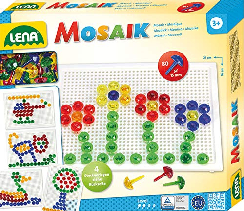 Lena 35602 Steckmosaikspiel mit 80 Steckern, transparente Mosaiksteine mit Ø von 15 mm, Mosaikspiel mit Steckvorlagen, Stiftplatte 21 x 16 cm, Steckspiel für Kinder ab 3 Jahre, Mosaik Bastelset