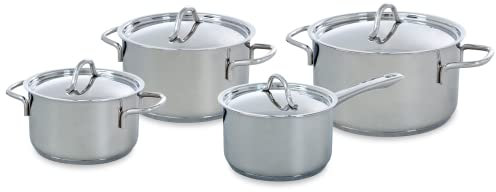 BK Profiline Edelstahl 4-Teiliges Kochgeschirr Set mit Deckeln, Induktionsgeeignet, Backofen- und Broiler sicher bis 230˚C, Langlebig & Stapelbar, Spülmaschinenfest, PFAS frei, Silber