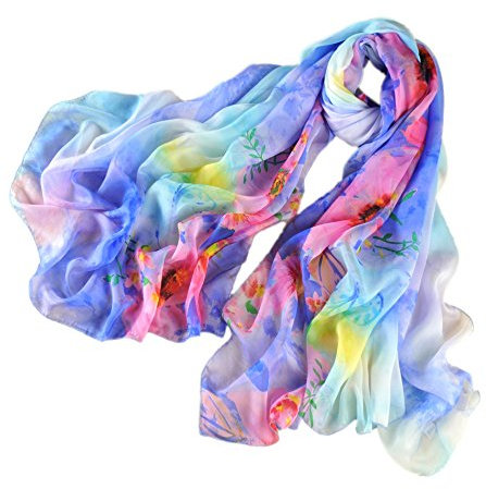 Prettystern Damen XXL Seiden-schal Strand-Tuch sarong Pareo bunt Sommer-Tuch bunt Floral Druck - Blau