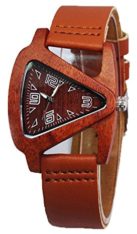 HJIAN Wood Watches Triangle Red Wooden Watches with Leather Band Quartz Wrist Watch Bracelet for Women