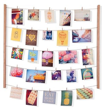 Umbra Hangit Fotowand – Collagenbilderrahmen mit Drahtgarn und Mini Wäscheklammern zum Aufhängen von Fotos, Bildern, Postkarten und Kunst, Holz/Natur