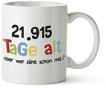 Casa Vivente Weiße Tasse mit Aufdruck zum 60. Geburtstag, Alter in Tagen, Kaffeebecher aus Keramik, Lustige Geschenkideen für Männer und Frauen, 300 ml