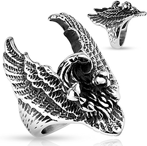 Autiga Ring Herren Biker Gothic Adler Flügel Eagle Wings Punk Massiv Rocker Edelstahl Silber 64 - Ø 20,57 mm