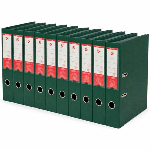 5 Star Office Foolscap Lever Arch Files (10 Pack) – 70mm Spine, Green Polypropylene Ring Binders with Reinforced Edge, Spine Label & Finger Pull – Heavy Duty Filing Storage