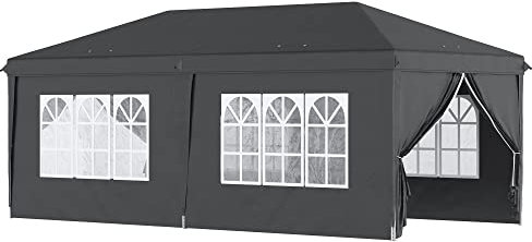 Outsunny 3 x 6 m Pop Up Gazebo with Sides and Windows, Height Adjustable Wedding Camping Party Tent Canopy Marquee with Storage Bag for Garden, Event, Black