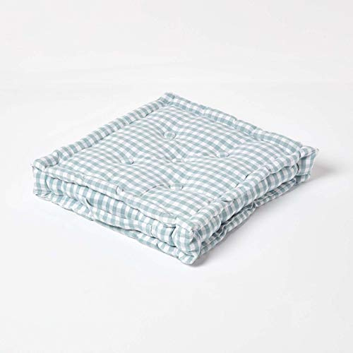 HOMESCAPES Blue & White GINGHAM Check Floor Cushion - 100% Cotton - 50 x 50 x 10 cm Square - Indoor - Garden - Dining chair booster Seat Cushion Pad
