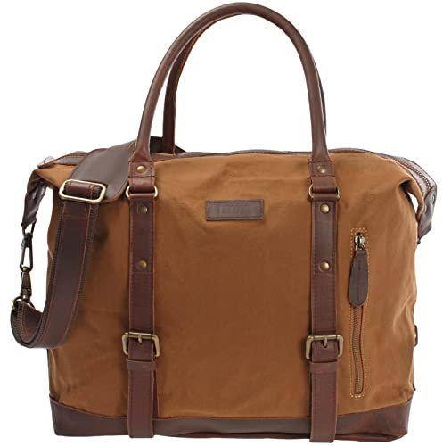 LECONI XL Shopper für Damen & Herren Unisex Handgepäck Vintage-Style kleiner Weekender Sporttasche Used-Look Fitnesstasche aus Canvas + Leder 50x38x12cm cognac LE2006-C