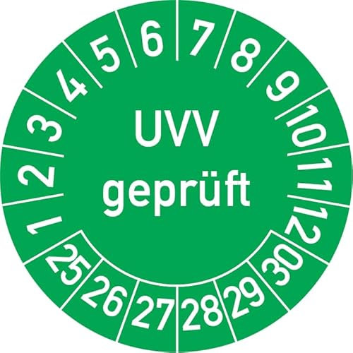 UVV Geprüft Prüfplakette, 100 Stück, in verschiedenen Farben und Größen, Prüfetikett Prüfsiegel Plakette (30 mm Ø, Grün)