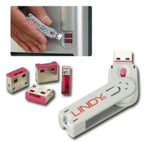 Lindy 5 Stück Vorhängeschloss USB mit Schlüssel, 4-teilig, Farbe rot