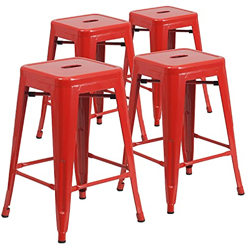 Flash Furniture 4 Stück in der Packung 60,96 cm hoher rückenfreier roter Theke-Hocker mit quadratischem Sitz aus Metall für Innen- und Außenbereich
