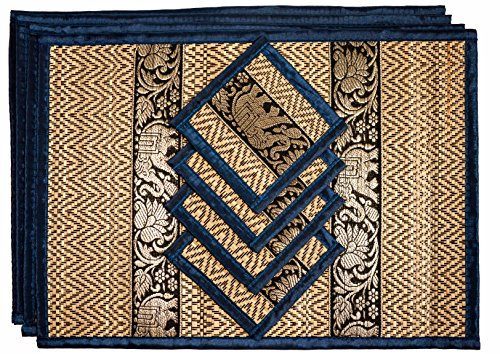 CCcollections Handgewebte Tischsets und Untersetzer aus Korbgeflecht Alternative zu Kunststoff hitzebeständig leicht zu reinigen perfekt für die Esstischdekoration (Mittel Marineblau)