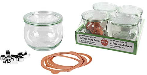 Weck Einkochgläser-Set - Einkochglas 4 Stück a 0,5 Liter - Einweckglas-Set mit Gummiring 5 Stück - Einwegglas mit Klammern 8 Stück - Einwegglaeser-Set mit Deckel - Sturzglas spülmaschinengeeignet