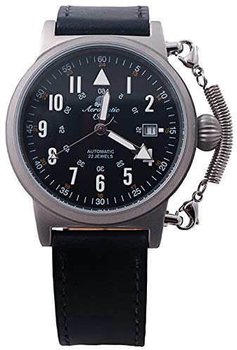 Aeromatic Deutsche Pilot Automatikuhr Spezielle Federkrone Safe System Vintage Design Modell A1331, Schwarz , Large, Deutsch